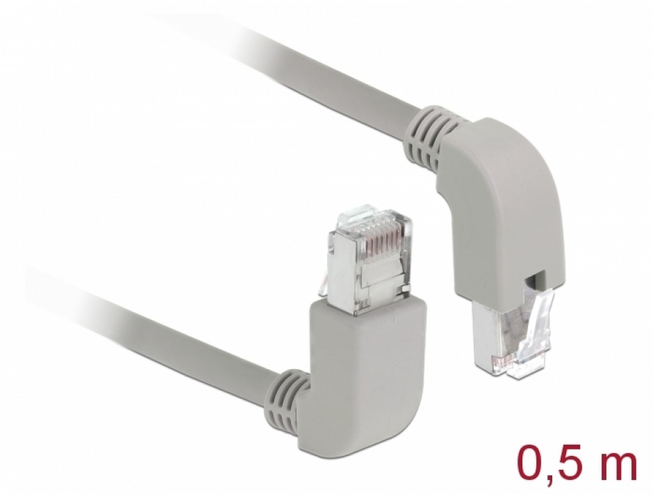 Imagine Cablu de retea RJ45 cat 6A S/FTP unghi jos/unghi sus 0.5m Gri, Delock 85870